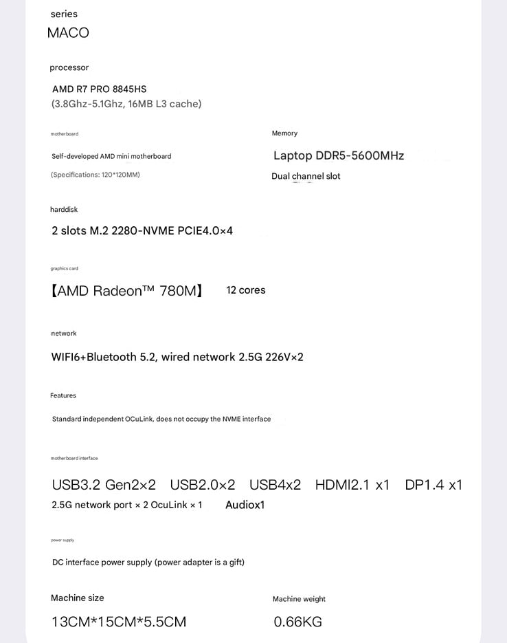 Especificações completas do mini (Fonte da imagem: Aoostar - tradução automática)