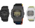 Na foto, o Casio G-Shock DW-5600MNC-1, DW-5600MNC-BA2 e DW-5600MNC-7A8 em um fundo branco.