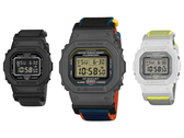 Na foto, o Casio G-Shock DW-5600MNC-1, DW-5600MNC-BA2 e DW-5600MNC-7A8 em um fundo branco.