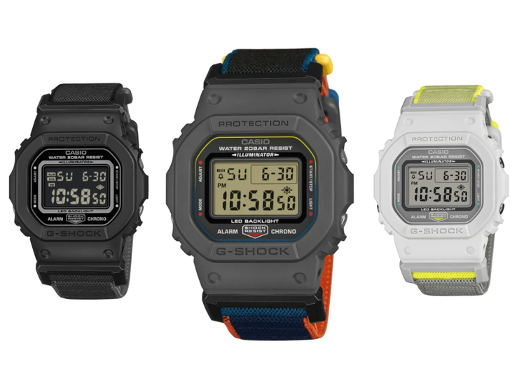 Da esquerda para a direita: os relógios Casio G-Shock DW-5600MNC-1, DW-5600MNC-8A2 e DW-5600MNC-7A8