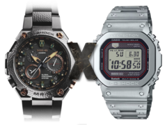O novo vazamento do Casio MR-G sugere um cruzamento entre esses dois mundos. Na foto - O Casio MRG-G1000HT-1A à esquerda, um "X" no meio, e o Casio MRG-B5000 G-Shock quadrado à direita. (Fonte da imagem: Casio - Editado)