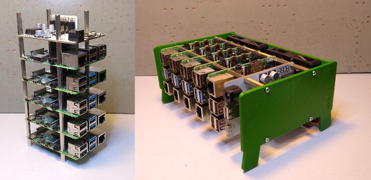 O ClusterCTRL Stack com e sem sua caixa impressa em 3D. (Fonte da imagem: Tindie via CNX Software)