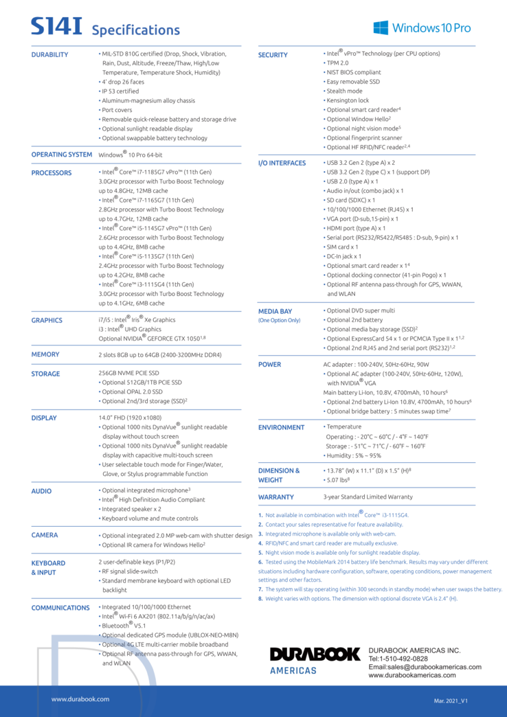 Durabook S14I opções e especificações (Fonte: Durabook)