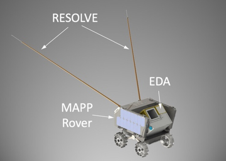 Uma imagem mostrando o rover MAPP com seus vários instrumentos. (Fonte da imagem: LASP/CU Boulder/Lunar Outpost)