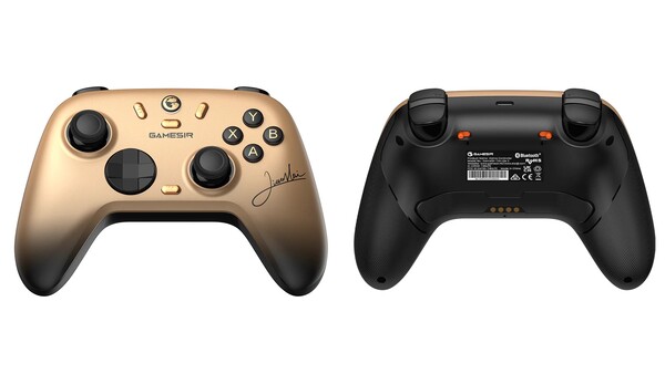 O GameSir Nova 2 Lite Champion Edition tem um painel frontal dourado assinado por Xiao Hai. (Fonte da imagem: GameSir)