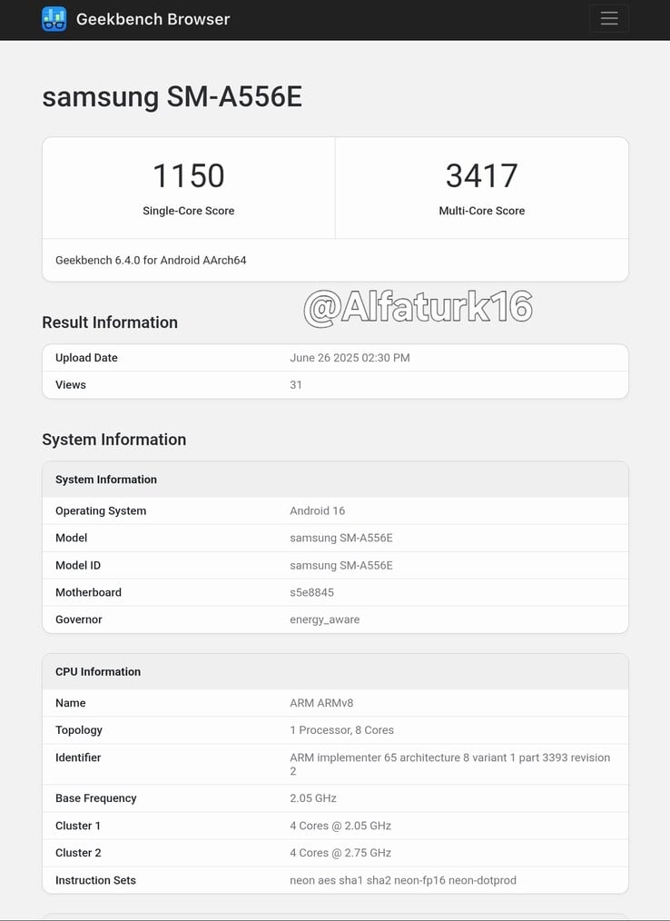 Um "Galaxy A55 5G" é atualizado para Android 16 em um novo vazamento. (Fonte: Geekbench via AlfaTurk on X)