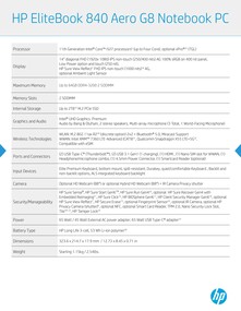 HP EliteBook 840 Aero G8 - Especificações. (Fonte: HP)