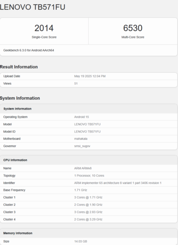 Lenovo Yoga Pad Pro com chip S1101 (fonte da imagem: Geekbench)