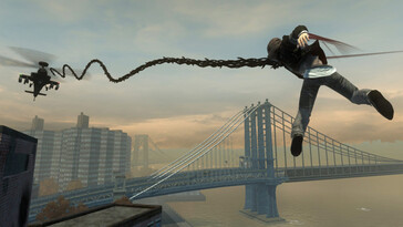 Imagem do jogo Prototype mostrando um helicóptero e o personagem principal. (Fonte da imagem: Steam)