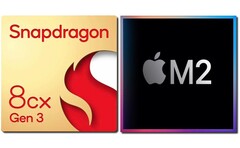 O Snapdragon 8cx Gen 3 não pode igualar o Apple M2 SoC em termos de desempenho de referência sintética. (Fonte da imagem: Qualcomm/Apple - editado)