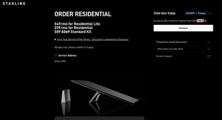 A Starlink está dando um desconto de US$ 260 no kit Standard e 50% no plano Residencial. (Fonte da imagem: Starlink)