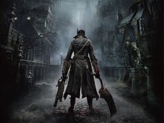 Imagem oficial de Bloodborne mostrando o Caçador nas ruas de Yharnam