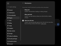 Captura de tela das configurações do ChatGPT, Plug-ins e Permissões, com as opções “Sempre perguntar”, “Permitir ferramentas de leitura” e “Permitir ferramentas de baixo risco”