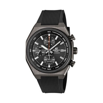 Cronógrafo Casio Edifice EFSS660PB-1A com caixa revestida a íons cinza, pulseira de resina preta, mostrador preto texturizado, ponteiro central dos segundos vermelho, três submostradores e escala taquimétrica.