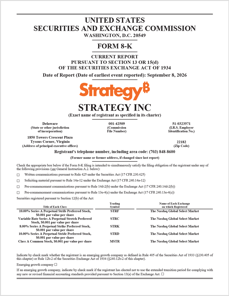 Formulário 8-K da Strategy junto à SEC • 8 de setembro de 2026