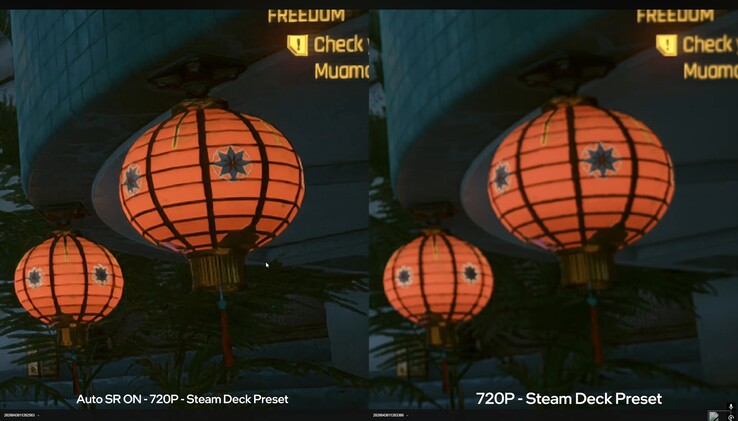 Cyberpunk 2077 no ROG Xbox Ally X nativo vs. comparação de qualidade de imagem Auto SR.