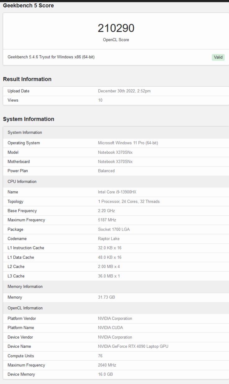 Nvidia GeForce RTX 4090 laptop no Geekbench (imagem via Geekbench)