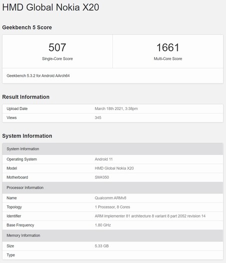 Listagem do Nokia X20. (Fonte de imagem: Geekbench)