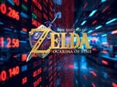 Logotipo do remake de The Legend of Zelda: Ocarina of Time em frente ao ticker das ações da Nintendo
