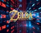 Logotipo do remake de The Legend of Zelda: Ocarina of Time em frente ao ticker das ações da Nintendo