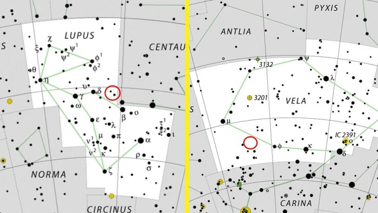 A localização das novase V462 Lupi e V572 Velorum nas constelações Lupus e Vela. (Fonte da imagem: IAU/Wikimedia - Live Science)