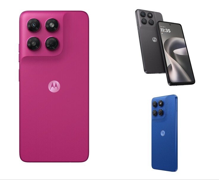Motorola moto g37 mostrado nas opções de cores Pantone Fuchsia Red, Pantone Impenetrable e Pantone Nautical Blue.