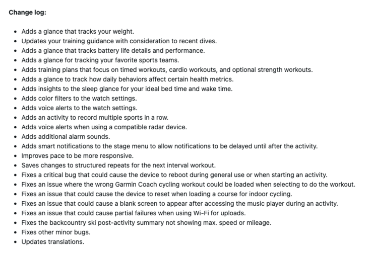 O registro de alterações da versão beta 16.28 do Garmin Venu X1