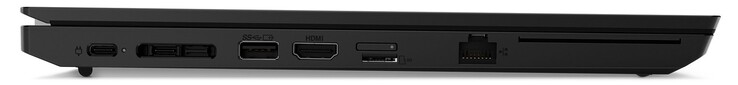 Lado esquerdo: 1x USB-C 3.2 Gen1 (conector de alimentação), 1x Thunderbolt 4, porta de acoplamento, 1x USB-A 3.2 Gen1, HDMI, leitor de cartões microSD, GigabitLAN, leitor de cartões smartcard