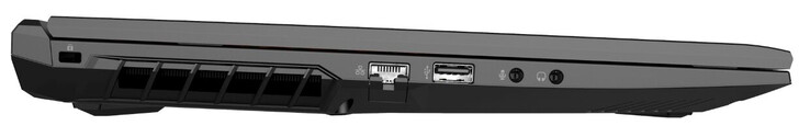 Lado esquerdo: Slot para trava de cabo, Gigabit Ethernet, USB 2.0 (Tipo A), entrada de microfone, saída de fone de ouvido