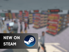 O Supermarket Simulator estará disponível por US$ 14,99 até 26 de junho. Na foto, uma captura de tela do jogo com o logotipo do Steam e o texto &quot;New on Steam&quot; sobreposto. (Fonte da imagem: Steam - Editado)