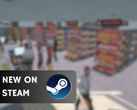 O Supermarket Simulator estará disponível por US$ 14,99 até 26 de junho. Na foto, uma captura de tela do jogo com o logotipo do Steam e o texto "New on Steam" sobreposto. (Fonte da imagem: Steam - Editado)