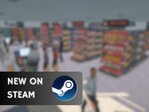 O Supermarket Simulator estará disponível por US$ 14,99 até 26 de junho. Na foto, uma captura de tela do jogo com o logotipo do Steam e o texto "New on Steam" sobreposto. (Fonte da imagem: Steam - Editado)