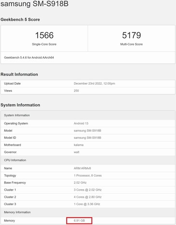 S23 Ultra com 8 GB de RAM. (Fonte de imagem: Geekbench)