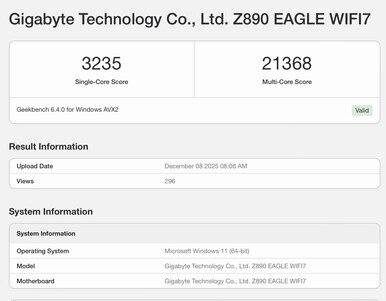 Listagem do Geekbench 6 para o Core Ultra 7 270K Plus. (Fonte da imagem: Geekbench)