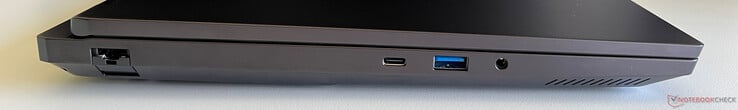 Esquerda: Ethernet (2,5 GBit/s), USB-C 3.2 Gen 2 (10 GBit/s, DisplayPort 1.4a, Power Delivery de 100 watts), USB-A 3.2 Gen 1 (5 GBit/s), áudio de 3,5 mm