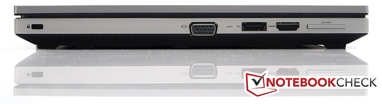 Esquerda: Seguro Kensington, VGA, USB 2.0/eSATA, HDMI, leitor de cartões 2 em 1