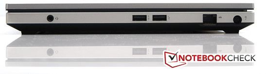 Direita: conector combinado de fones/microfone, 2x USB 2.0, LAN, Conector de força