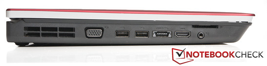 Lado esquerdo: 1x VGA, 2x USB 2.0, 1x USB/E-SATA, 1x HDMI, Leitor de cartões, 1x Áudio