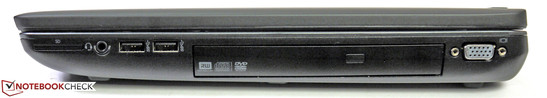 Direita: Leitor de cartões, conector de áudio, USB 2.0, USB 3.0, drive óptico, VGA