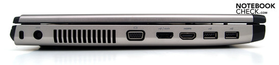Lado esquerdo: Slot Kensington, entrada de energia, ventoinha, eSATA/USB, HDMI, 2xUSB-2.0