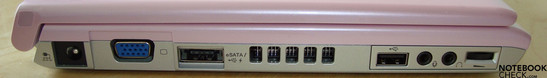 Lado Esquerdo: conector de força, saída VGA, eSATA/USB, ventilador, USB, áudio (fones, Microfone), Dial