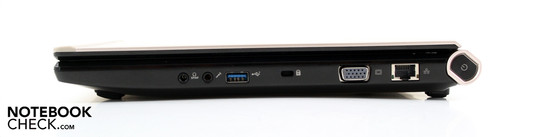 Lado Direito: Fones / SPDIF, microfone, USB 3.0, Kensington, VGA, Ethernet, interruptor