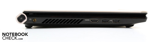 Lado Esquerdo: botão do teclado, Conector de força, HDMI, 2 USB 2.0s