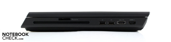 Lado Direito: Leitor de cartões 8-em-1, Gravador de DVD (Slot-In), 2x USB 2.0, eSATA/USB 2.0, HDMI-In