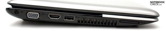 Esquerda: Conector de força, VGA, HDMI, USB 2.0, ventilador, leitor de cartões
