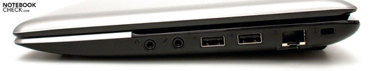 Direita: 2 portas USB 2.0, RJ-45, seguro Kensington