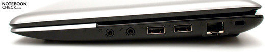 Direita: 2 portas USB 2.0, RJ-45, seguro Kensington