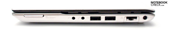Lado Direito: Leitor de cartões, áudio, 2 USB 2.0, RJ-45, conector de força