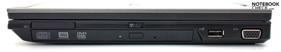 Lado Direito: ExpressCard 34, DVD drive, USB 2.0, VGA
