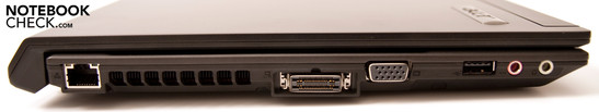 Lado Esquerdo: 1x USB 2.0, conectores de áudio (saída para fones, entrada de microfone), VGA, Acer EasyPort IV, RJ45 porta de rede (Gigabit LAN)